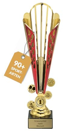 pokal-fabrik.de - Pokal mit Gravur Wunschtext groß in Gold/rot - personalisiertes Geschenk & Sportemblem nach Wahl - 35,5 cm inkl. Marmorsockel - Geschenk-Trophäe | Pokale Kinder
