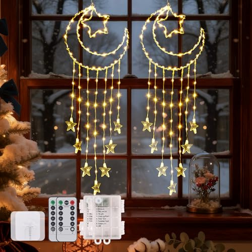 184 LED (2 Stück) Mond Weihnachtsdeko Fenster Beleuchtet, Beleuchtung Fenster Weihnachten mit 8 Modi Timer, Warmweiß Fensterdeko Weihnachten Beleuchtet für Weihnachtsdeko Innen,Fenster,Balkon