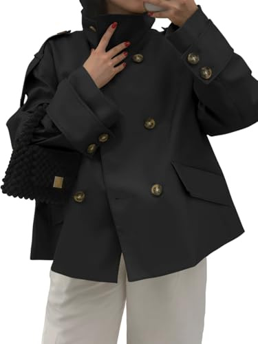 Tankaneo Womens Cropped Trench Coat Oversized Double Breasted Stand Collar Short Jacket Fall Casual Work Outerwear