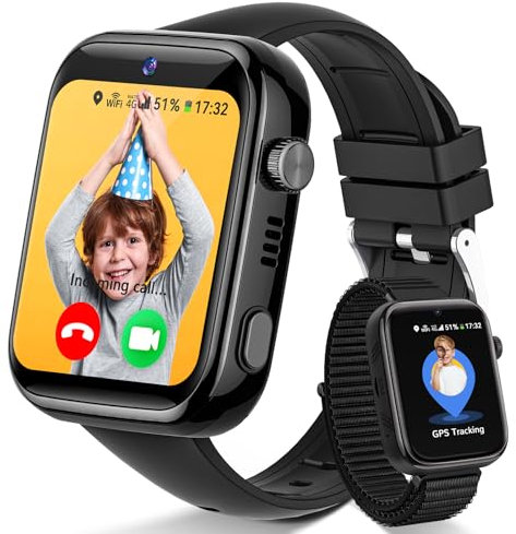 Fitnynxos 4G Smartwatch Bambini con Chiamate e GPS, Orologio Smartwatch Bambini con Videochiamate, SOS, Chat Vocale, SMS, Modalità Scuola, Whatsapp, WiFi, SIM, IP68 Contapassi, Regalo Bambino, Nero