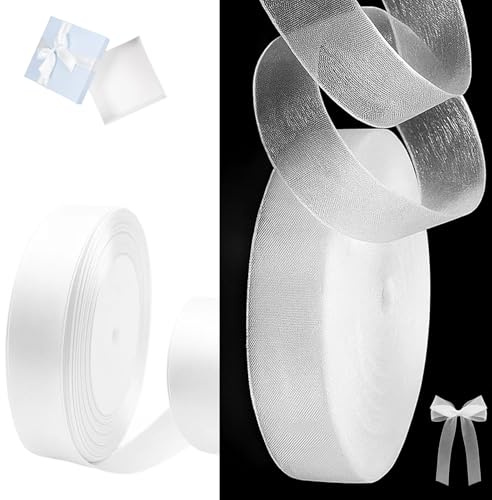 2 Stück Schleifenband Set, 67m Geschenkband Weiß, 2cm Organzaband Transparent 45m und 2cm Satinband Weiß 22m, Ideal für Geschenkverpackung, Hochzeitsdekoration und DIY-Projekte