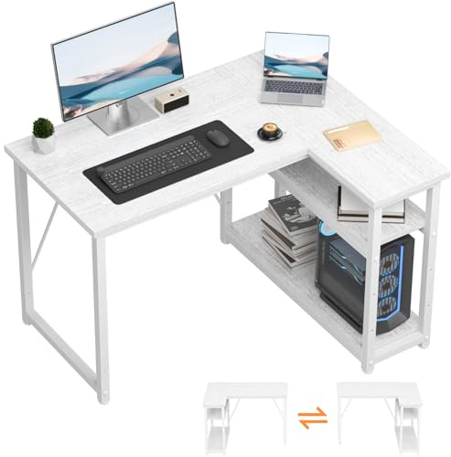 TRIUMPHKEY L-förmiger Schreibtisch 100x80 cm, Reversibler Eckschreibtisch mit Regal, Gaming Computertisch Büroschreibtisch, Corner Gaming Tisch für Zuhause Schlafzimmer Weiß
