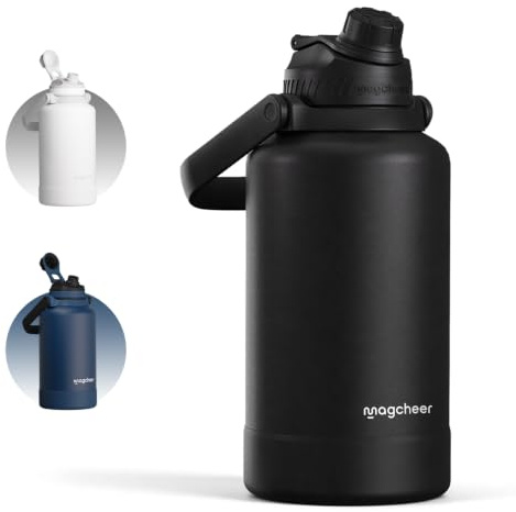 magcheer Isolierte Edelstahl Trinkflasche 2L mit Griff | BPA-Frei & Auslaufsichere Isolierte Thermosflasche | Metall Wasserflasche mit Breiter Öffnung für Sport,Gym,Outdoor((Schwarz)