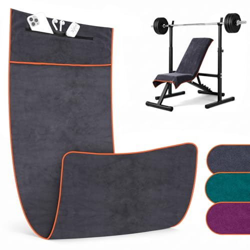 Serviette de Sport Microfibre 120 x 50 cm, Très Absorbante et Séchage Rapide, Serviette de Fitness Antidérapante avec Capuche de Fixation et Poche Zippée, pour Salle de Sport, Yoga et Entraînement