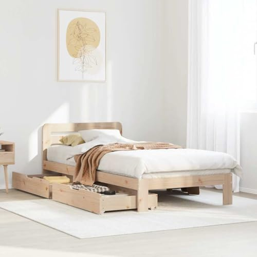 Kaloriko Massivholzbett 90x200 Kiefernholz, unbehandelt, mit Lattenrost, 2 Schubladen, stabiles Bettgestell für Schlafzimmer, erholsamer Schlaf