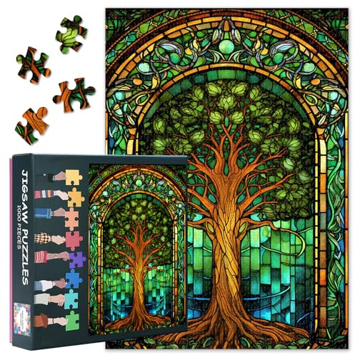 Puzzle per adulti, 1000 alberi della vita in vetro colorato, puzzle impegnativi difficili per adulti, arte verde fantasy, gioco educativo per la famiglia e regalo decorativo unico per il soggiorno