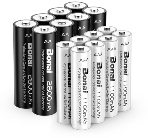 BONAI 16 Pile Ricaricabili Ni-MH Kit Combinato con 8 AA e 8 AAA Alta Capacità 1.2V 1200 Cicli di Ricarica per Telecomandi Fotocamere Giocattoli e Luci Solari Precaricate