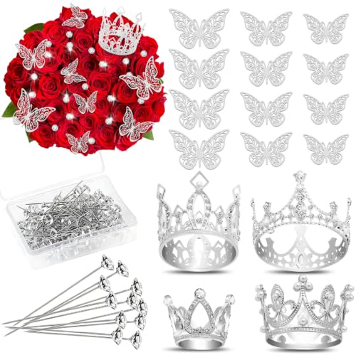 Accesorios para Ramo de Flores, 4 Mini Coronas, 12 Adornos de Mariposas 3D, 50 Pines de Flores de Diamante, Coronas Decorativas para Tartas, Cumpleaños, Bodas, Ramo de Flore (Plata)