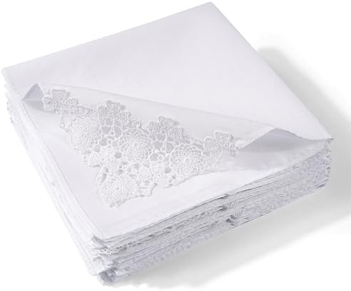 Selected Hanky Women's Cotton Handkerchiefs with Crohet Lace at Corner, Ladies Hankies for Bridal Wedding 12 Pcs Set, Textile Handkerchiefs