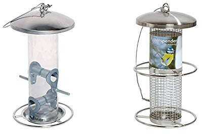 dobar 10089 Futterspender mit Vier Futterplätzen für Vögel, 14 x 14 x 26 cm, Metall & Futterspender für Vögel mit Edelstahlgitter, Futterstation-Futtersäule für Anflugsringen, 14 x 14 x 26 cm, Metall