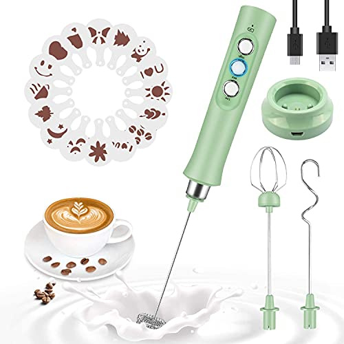 MEETOZ Espumador de leche silencioso, batidor de espuma de mano, recargable por USB, chocolate caliente, 3 batidores de acero inoxidable (16 plantillas de arte gratis) (verde)