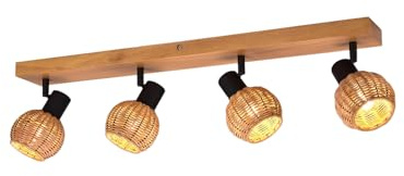 meineWunschleuchte Decken-Strahler Holz & Rattan, Spots schwenkbar | Breite 70cm, E14, 4-flammig, skandinavisches Design, mit Korbgeflecht, für Wohnzimmer & Schlafzimmer