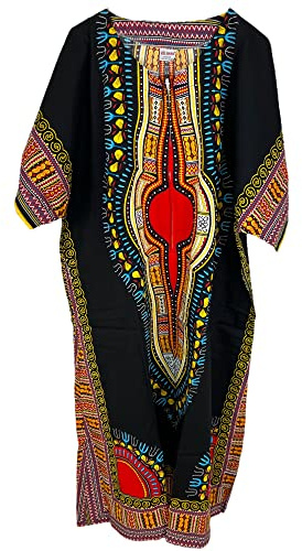 Robe longue en 100% coton pour femmes, style kaftan, imprimé africain dashiki, été, taille unique, ample et ample, pour la plage, Noir , taille unique