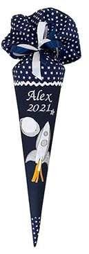 Glückspilz Schultüte mit Namen personalisiert, ASTRONAUT, Welraum, Wettall, Rakete, Zuckertüte aus Stoff genäht, mit Kissen, Blau
