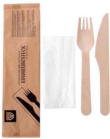 GRÄWE Einwegbesteck 25er Set, Partybesteck, Holzgabeln, Holzmesser, Serviette, Holzbesteckset, umweltfreundlich aus Holz, biologisch abbaubar