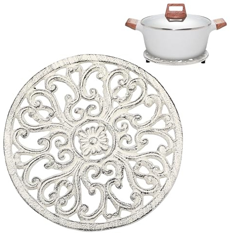 Sumnacon Cast Iron Trivet Retro White 6.7 Inch Iron Trivets with Rubber Feets for Hot Dish Pot Pan Plate Teapot,Heat Resistant Cast Iron Trivet for Kitchen Dining Table Cooktop Stove
