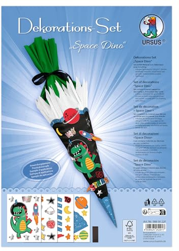 Ursus 988 00 22F - Dekorationsset Space Dino, 4 Bogen Bastelkarton DIN A4, zum Dekorieren einer Schultüte (Rohling nicht enthalten) beidseitig bedruckt, vorgestanzt, mit Satinband