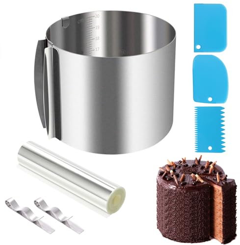 20cm Alto Aro Anillo de Pastel+1 Rollo de Acetato Repostería 5m,Tartas Aro Ajustable Redondo 16-30cm,Acero Inoxidable Anillo Repostería y Pasteleria para Capas Hacer Tartas con mousse de chocolate