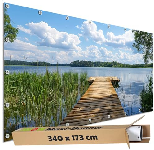 TRIOSK Sichtschutz Garten Dekoration Plane groß mit Motiv Holz Steg Holzweg Schilf See Motivbanner blickdicht für Terrasse Zaun Gartenzaun Gartenposter PVC Zaunblende 340x173 cm