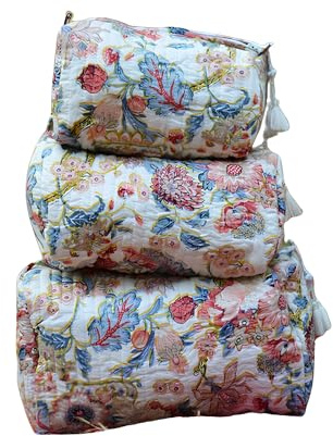 INDACORIFY Borsa da toilette in cotone indiano con stampa floreale, set di 3 pezzi, kit da barba trapuntato da viaggio, custodia per trucco