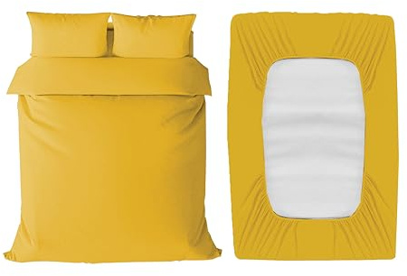 APEX FURNISHINGS 4 Piece Double Bedding Set – Duvet Cover, Fitted Sheet with Pillow Cases - Soft Brushed Microfiber – Ochre