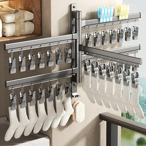 Pasdrucn Rotary Clothes Dryer Hanger with 35 Clips - Windproof Sock Drying Rack for Washing Line, Rotatable Plastic Design