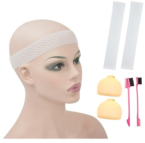 2 Pcs Breathable Silicone Wig Band Non Slip Elastic Silicone Grip Headbands with Stocking Wig Caps Hairbrush for Fixed Wig (White)
