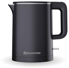 Muller Kitchen MK-6061 Hervidor de agua eléctrico (1L,1000W, doble pared, base giratoria de 360 ​​grados, apagado automático con protección contra ebullición en seco) (NEGRO)