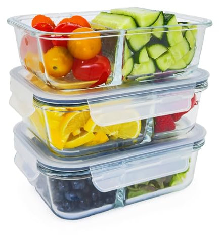 Eaze Life 3er-Set Meal Prep Box inkl. Deckel | Glas Frischhaltedosen | 2-fach mit Trennwand | luftdicht | BPA-frei | hitzebeständig | geeignet für Mikrowelle & Gefrierschrank [3x1000ml mit Trennwand]