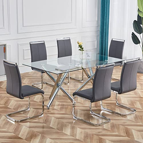 Moderne Esszimmerstühle 4 Set, verchromtes Metallgestell,einfacher und eleganter Stuhl,Wasserdichter Stuhl,Rücklehne aus PU Kunstleder, hoher Rücken gepolstert Side Chair (Grau+Silber)
