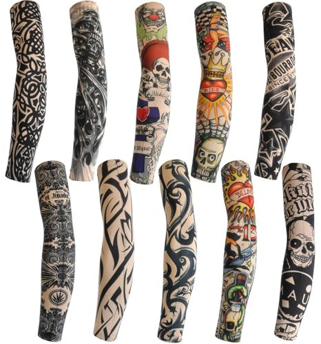 Yuio 10 Pezzi Tatuaggi Finti Maniche Tatuaggio, Anti UV Manicotto Braccio, Nylon Elastiche Realistico Manicotti Tatuaggi Temporaneo Finti per Uomo Donna, Tattoo Sleeve di Protezione Solare