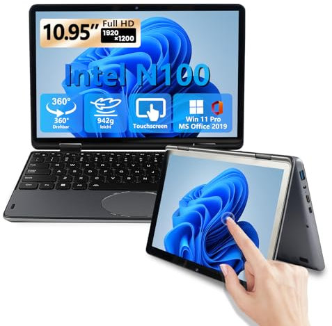 IUGNG 10,95 Zoll 2-in-1 Touchscreen-Laptop, Yoga 360° drehbarer N150 Notebook, 1920x1200 IPS, 16GB DDR4, 512GB SSD, Tastatur mit Hintergrundbeleuchtung (Grau, 512)