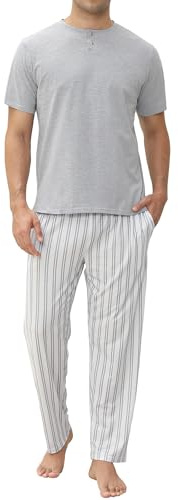 TeJoyce Pijama Hombre Algodon Largo Verano, Dos Piezas Ropa de Dormir, Conjunto Camiseta Manga Corta con Botones y Pantalones a Rayas con Bolsillos, Ropa de Casa Suave y Ligero (Gris, L)