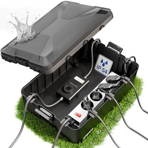 ACROPAQ Kabelbox wasserdicht - wasserdichte Kabelbox Outdoor für Stromkabel, IP 54, (32 x 21 x 13 cm), rutschfeste Füße, Wandmontagefähig, 7 Kabelauslässe, Schwarz - Elektrobox wasserdicht außen