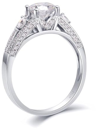 Boho Ringe, Damenring Zart Dünn 1ct 4-Krallen Rund Moissanit 14K Weißgold Größe 63 (20.1)