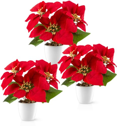 PASCH® Weihnachtsstern künstlich in Hochglanz-Keramiktopf (18cm, 3er Set) | Künstlicher Weihnachtsstern im Topf | Künstliche Weihnachtssterne | Kunstblumen im Topf | Kunstblumen Weihnachten