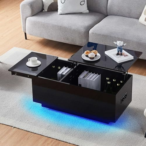 CLIPOP Hochglanz Couchtisch, höhenverstellbarer Wohnzimmertisch, mit LED Beleuchtung, einstellbaren Lichtfarben, Steckdose und USB, Beistelltisch mit Verstecktem Staufach, Schwarz