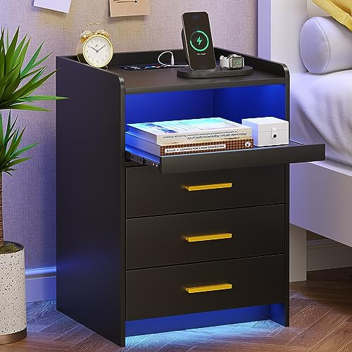 FREDEES Bedside Table with Charging Station and LED Lights, Black | 3 Drawers, Modern Nightstand, Storage for Bedroom, Living Room, Pull-out Tray
