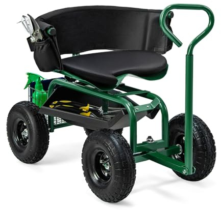 GOPLUS Rollsitz, Mobiler Gartensitz mit Griff, Höhenverstellbarer drehbarer Arbeitssitz mit Rückenlehne, Gartenwagen mit Stauraum für Gartenarbeit, bis 135 kg (Grün)