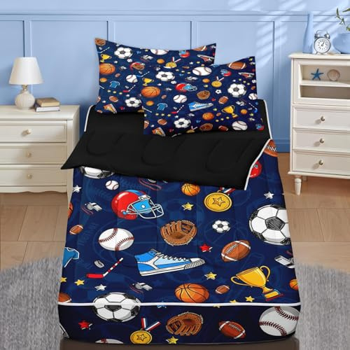 Nesker Twin Zipper Bedding, Football Balls Zipper Bedding Sets for Boys, 3pcs All in on one, Soccer Sport Kids Comforter Set with Fitted Sheet and 2 Pillowcases