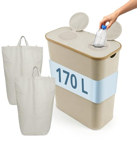 Relaxdays Collecteur de Bouteilles, 170 L, jusqu'à 60 Bouteilles, 2 Sacs intérieurs, Verre et Plastique, Beige