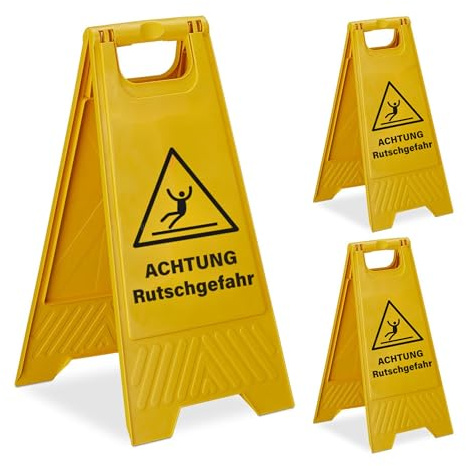 Relaxdays Cartel de Advertencia '¡Atención! Riesgo de resbalones' Set de 3 Plegables, Doble Cara, plástico, Amarillo 59x