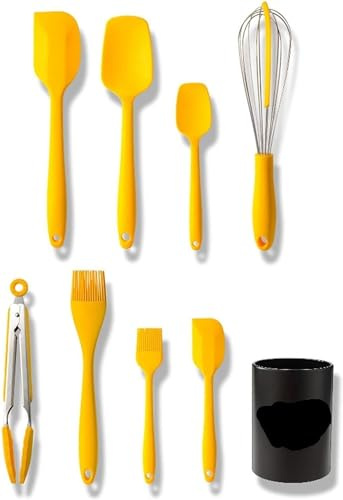 OIFAODAO, Ensemble d'ustensiles de Cuisson en Silicone – 9 pièces avec Support Batterie Cuisine antiadhésive for comptoir, Passe au Lave-Vaisselle, Ensembles Jaunes,Cuillère de Cuisine