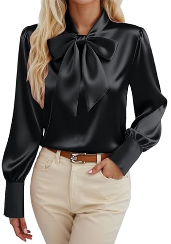Gefomuofe Elegante jersey de manga larga para mujer, blusa de cuello alto, parte superior con lazo, elegante blusa de satén, para oficina, fiesta, cómoda, camisa de negocios, Negro , XXL