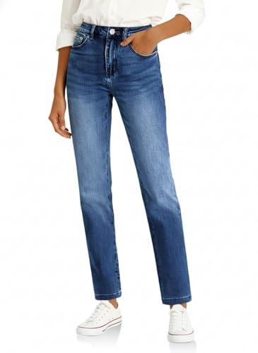Cicy Bell Damen Jeans Straight Fit Jeanshosen Mittlere Taille Denim Skinny Hosen mit Taschen Dunkelblau 44