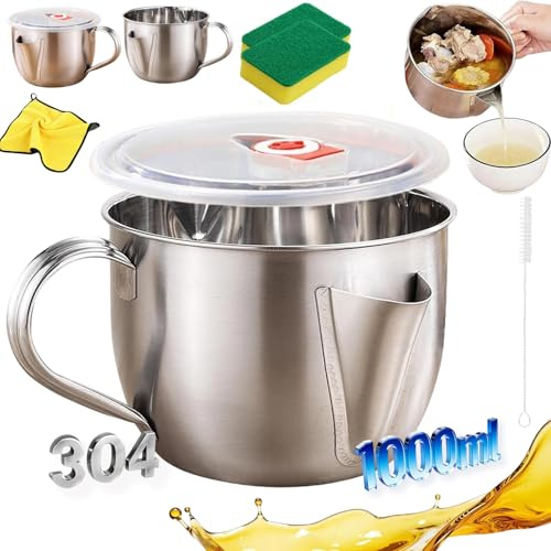 2026 New Fat Separator with Dual Spout Design, 304 Stainless Steel Gravy Fat Separator Jug & Oil Strainer with Cool-Touch Handle, Reusable Gravy Separator Jug for Stock, Broth (with lid)