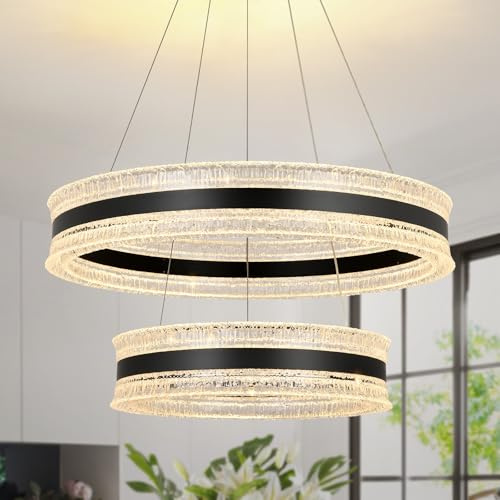 KUNYEEE Moderner LED-Kronleuchter, schwarze runde Pendelleuchte mit verstellbarer, dimmbarer 2-Ring-Hängelampe für Wohnzimmer, Esszimmer, Schlafzimmer, Küche, 60 + 40 cm