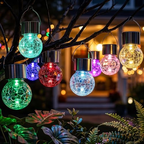 Innvist Outdoor Hanging Solar Lights, 8 Pack Multi-Color Changing Cracked Glass Hanging Ball Lights with Handle, Waterproof Solar Bulbs Outdoor Garden for Balcony Tree Patio Yard Path Party Decoration