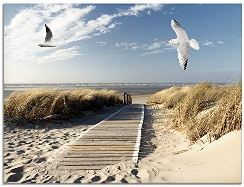 ARTland Wanddeko Glasbilder Wandbild Glas Bild einteilig 60x45 cm Querformat Strand Meer Nordsee Küste Möwen Himmel Steg Natur Landschaft Dünen T9NJ