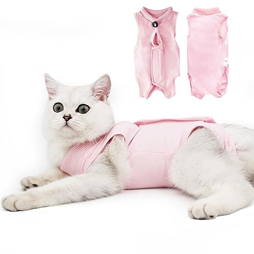 Cat Recovery Suit for Male and Female Surgical Post Surgery Soft Cone Onesie Shirt Clothes Neuter Licking Protective Diapers Outfit Cover Kitten Spay Collar(M, Pink)